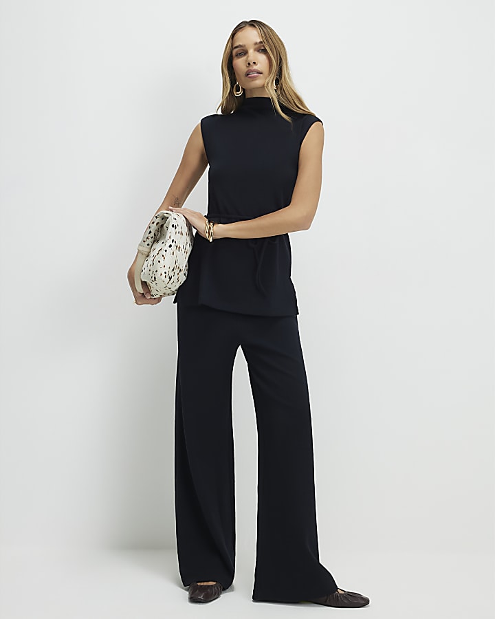 Black Textured Wide Leg Trousers