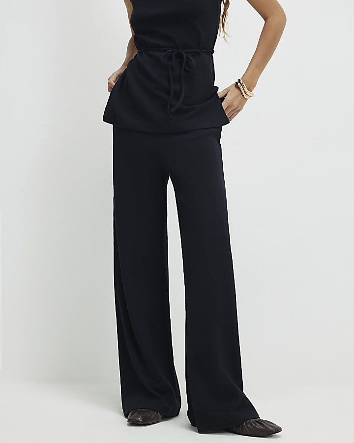 Black Textured Wide Leg Trousers