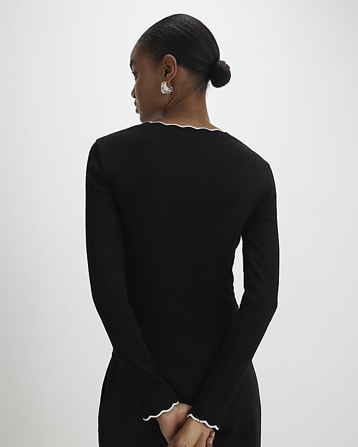 Black Long Sleeve Scallop Trim Ribbed Top