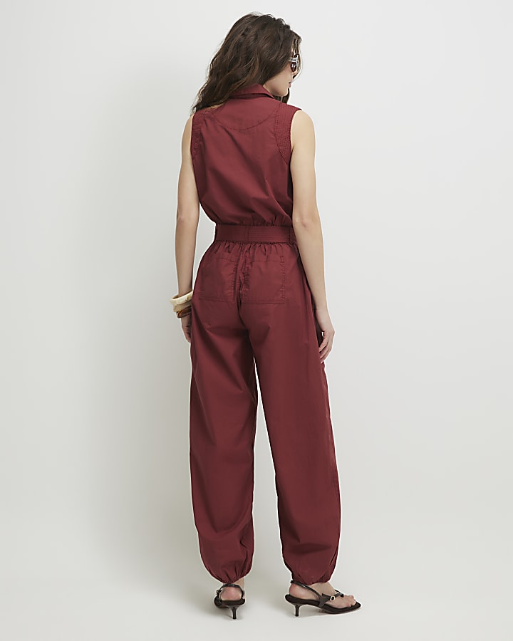 Red Sleeveless Utility Jumpsuit