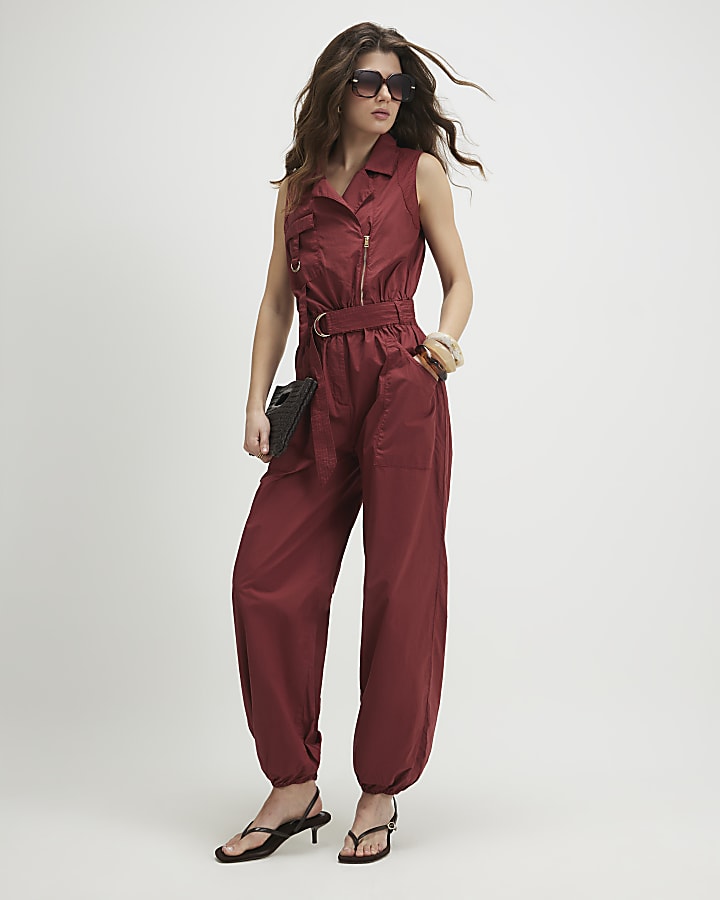 Red Sleeveless Utility Jumpsuit