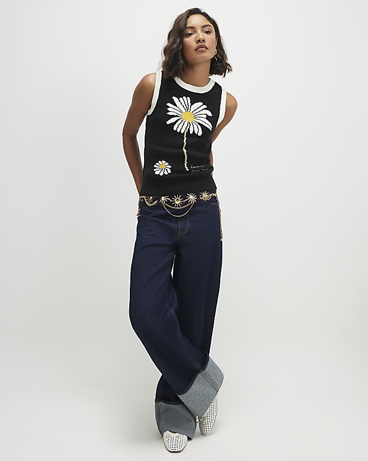 Black Knitted Daisy Sleeveless Jumper
