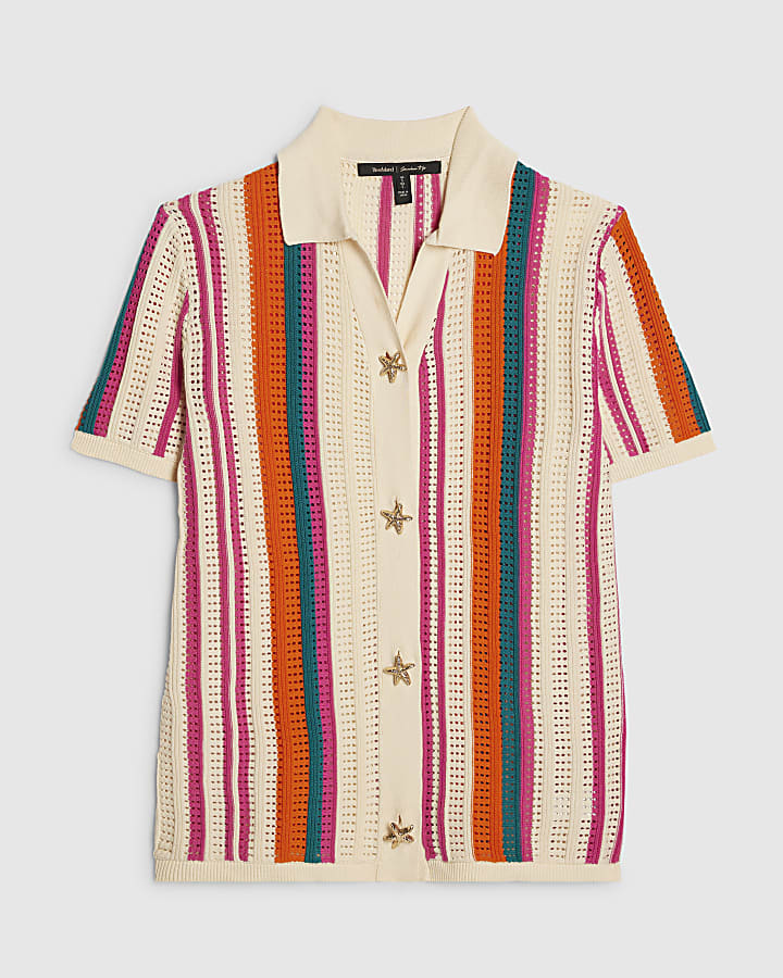 Cream Striped Crochet Shirt