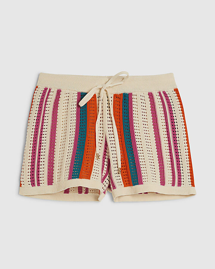 Cream Striped Crochet Shorts