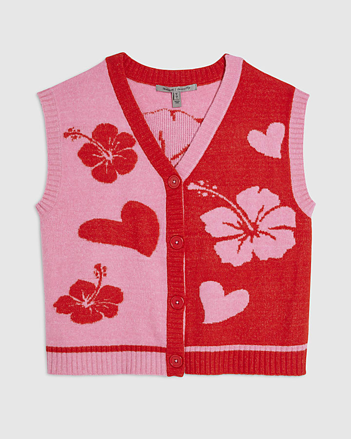 Pink Floral Sleeveless Cardigan