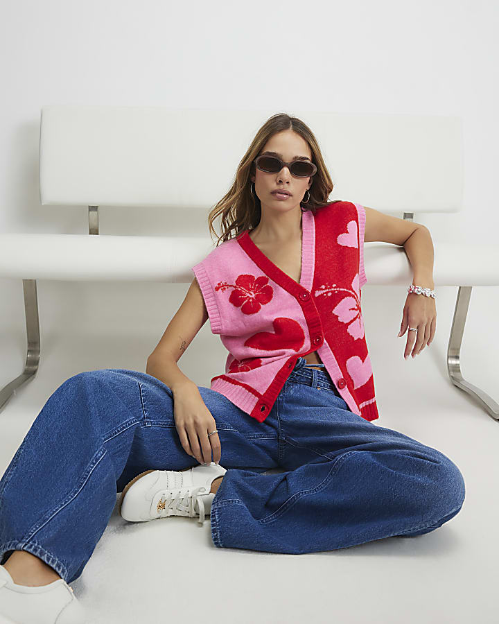 Pink Floral Sleeveless Cardigan