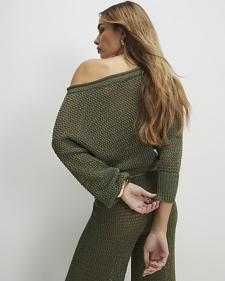 Khaki Open Stitch Shoulder Top