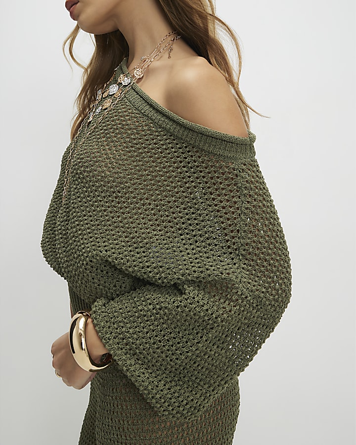 Khaki Open Stitch Shoulder Top