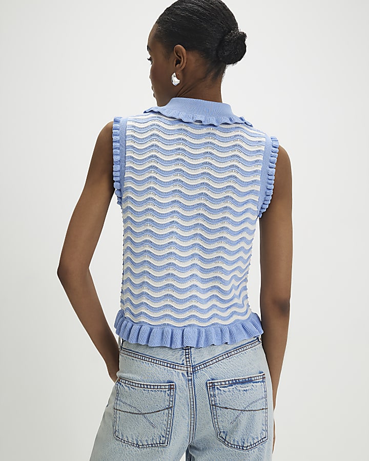 Blue Striped Knit Collared Tank Top