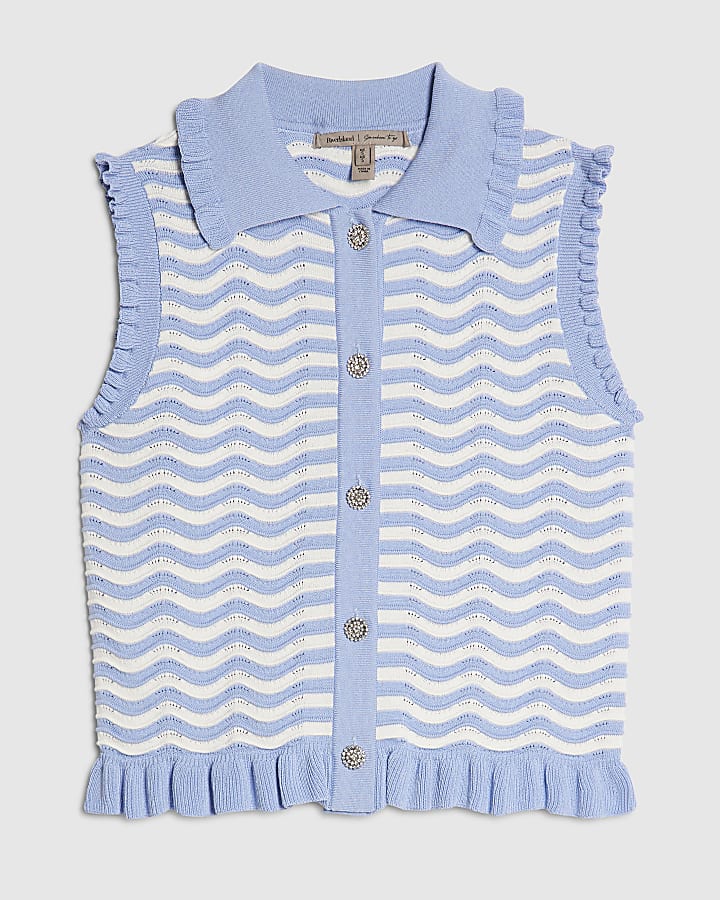 Blue Striped Knit Collared Tank Top