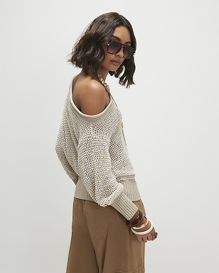 Beige Open Stitch Knitted Off Shoulder Top