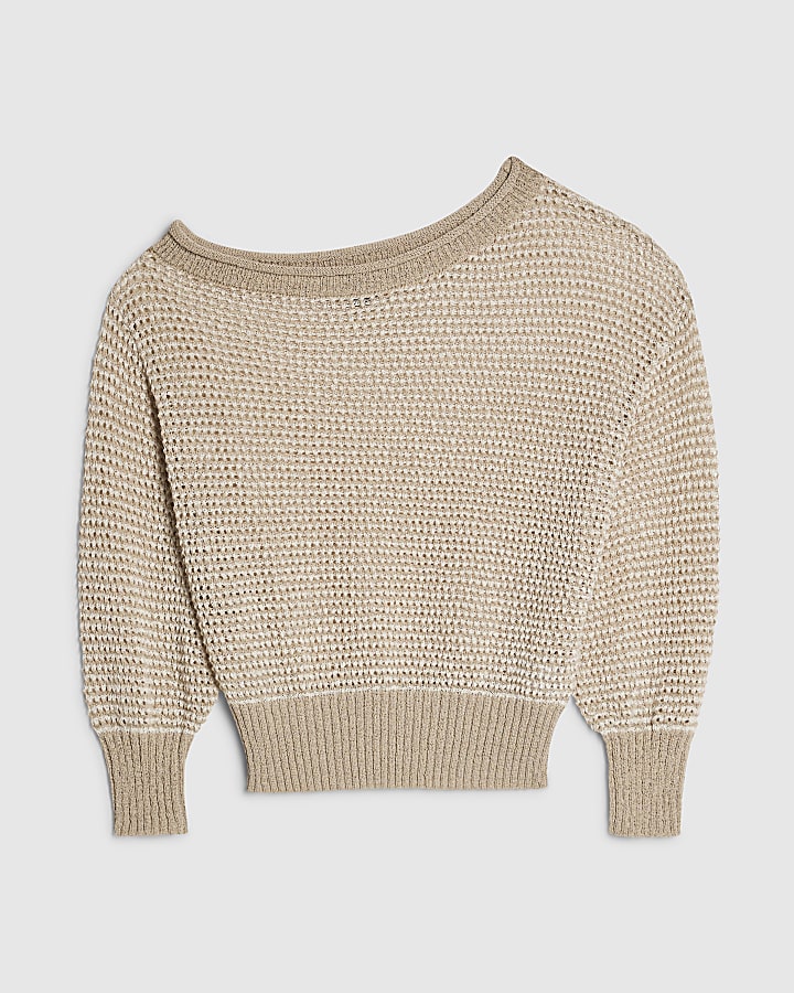 Beige Open Stitch Knitted Off Shoulder Top