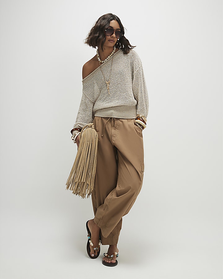 Beige Open Stitch Knitted Off Shoulder Top