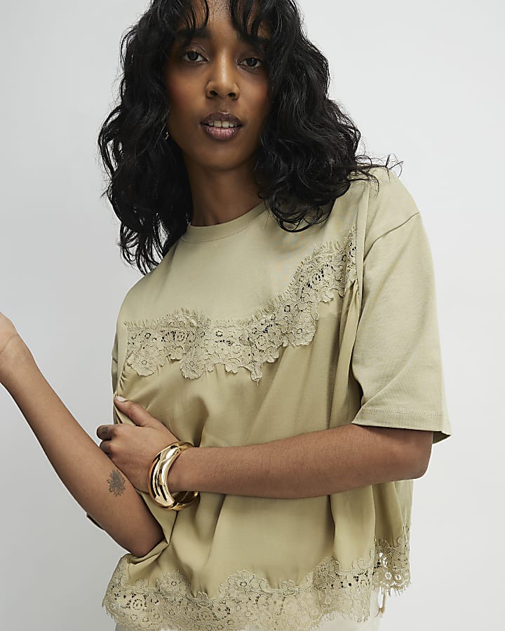 Green Short Sleeve Lace Detail T-shirt