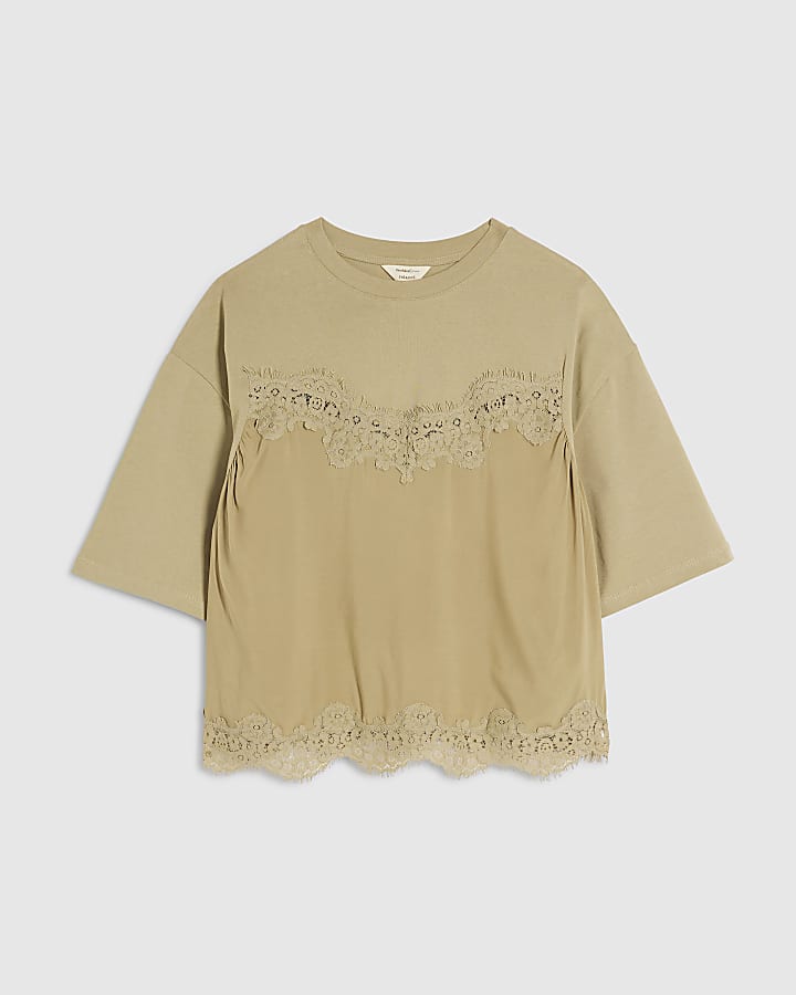 Green Short Sleeve Lace Detail T-shirt