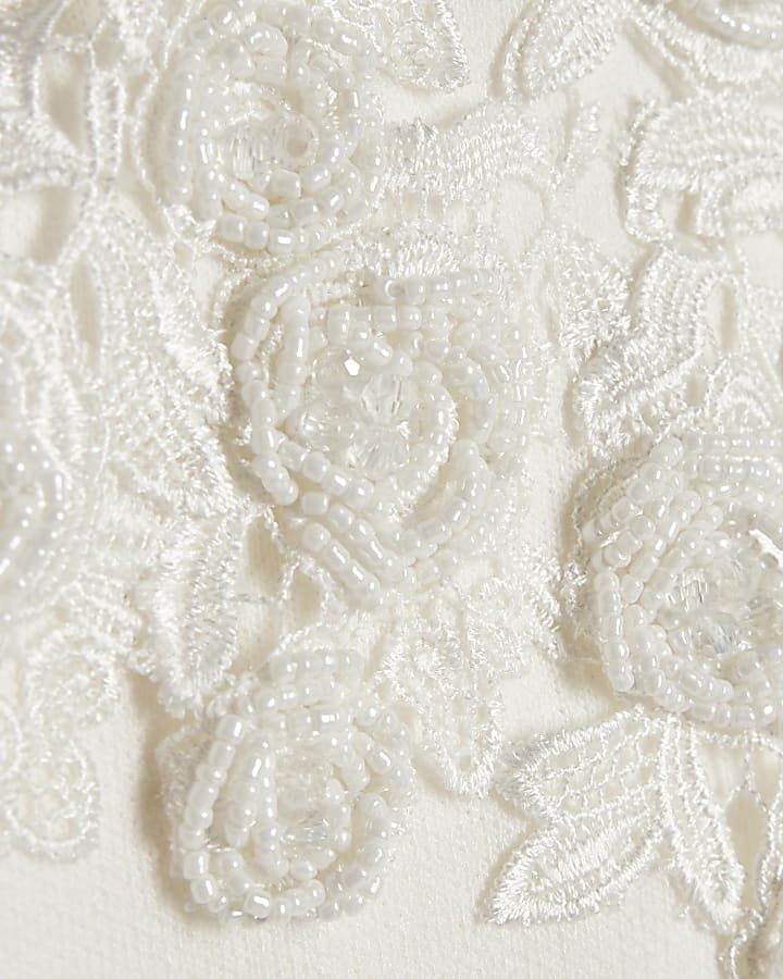 White Knitted Embroidered Flower Midi Dress