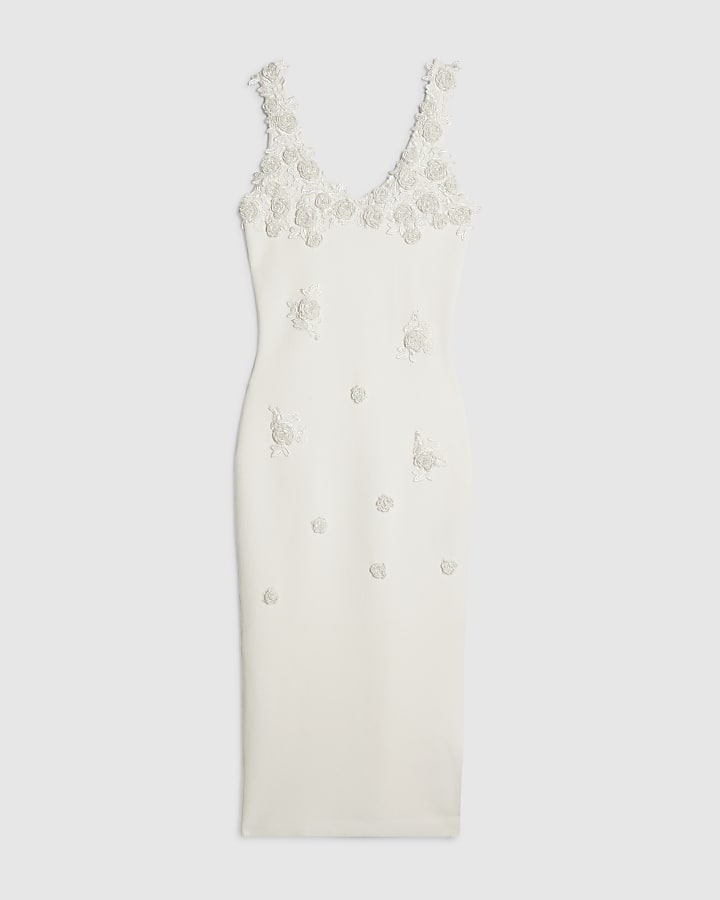 White Knitted Embroidered Flower Midi Dress