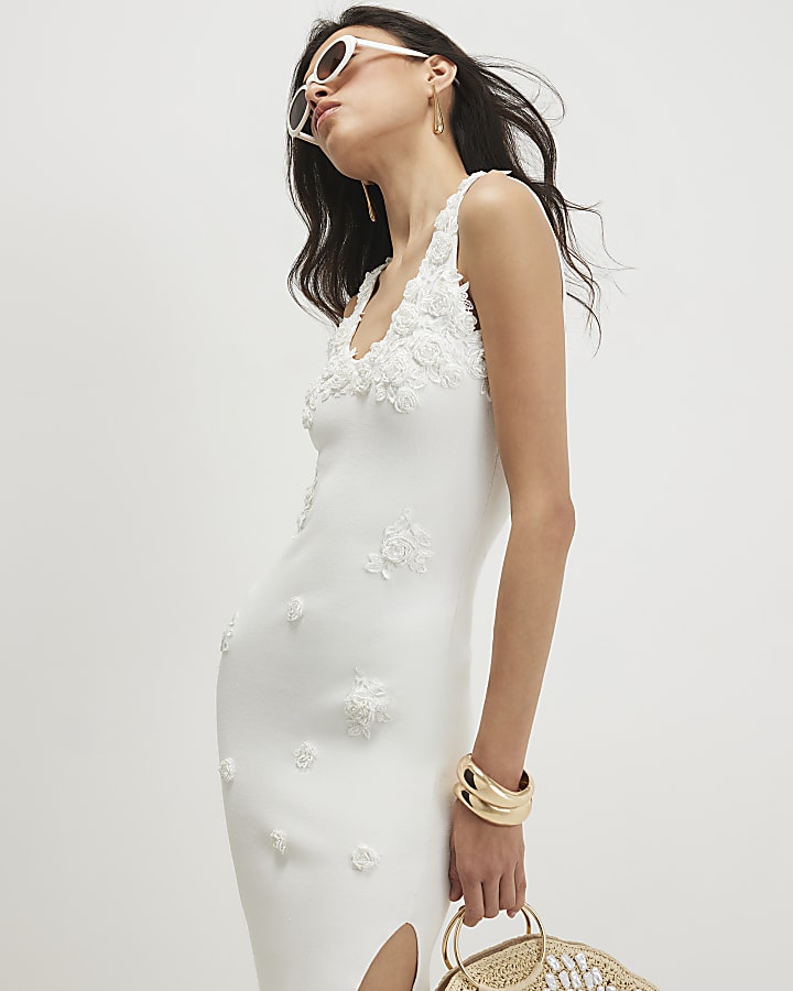 White Knitted Embroidered Flower Midi Dress