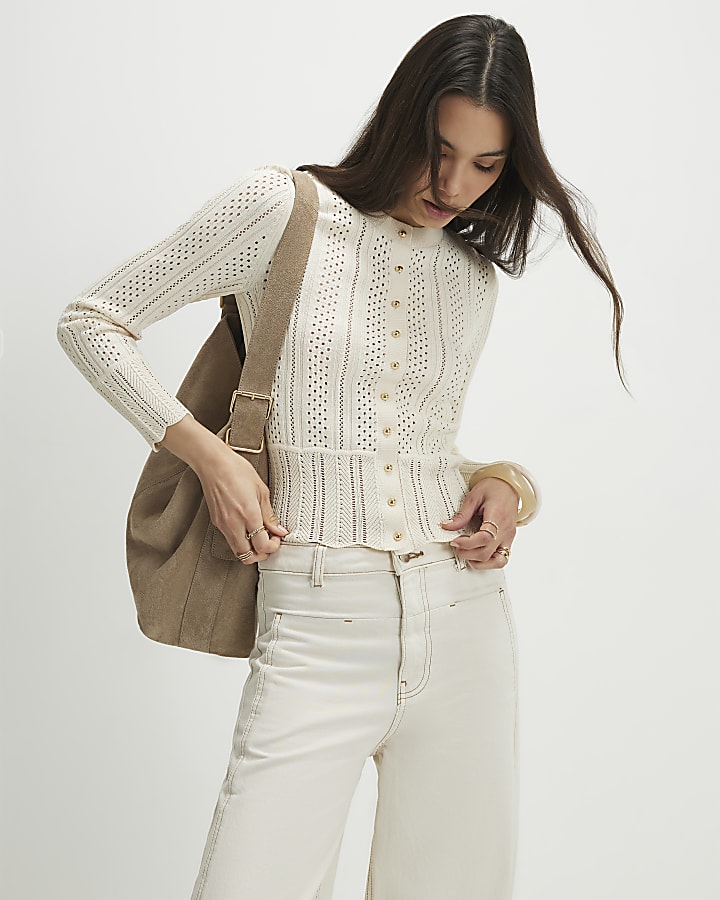 Cream Open Knit Long Sleeve Cardigan