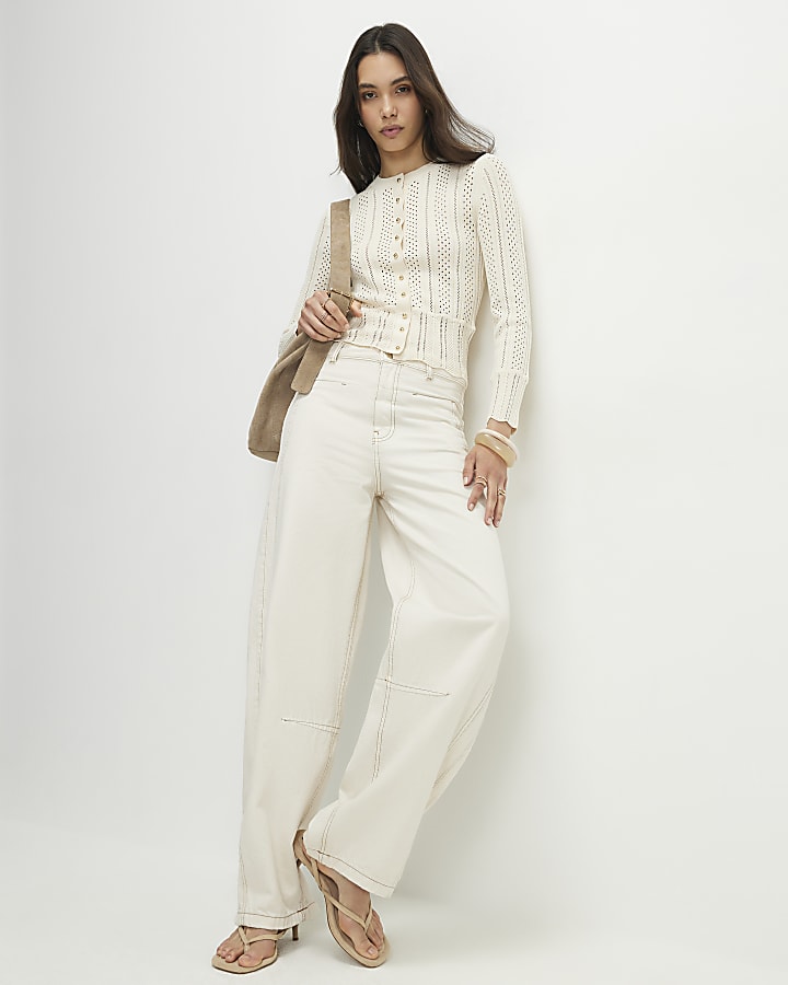 Cream Open Knit Long Sleeve Cardigan