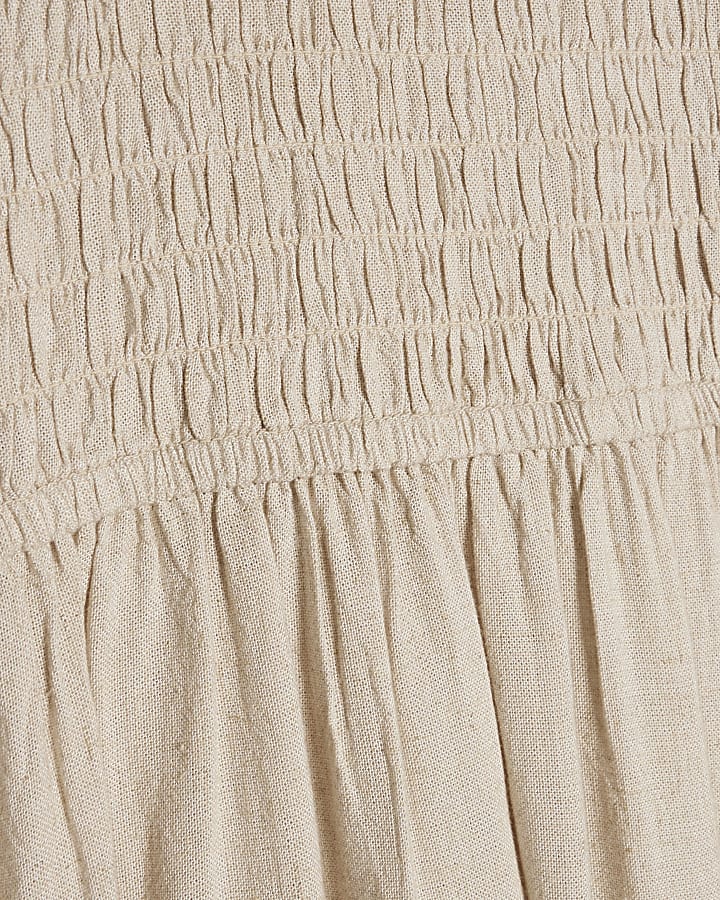 Beige Linen Blend Shirred Midi Dress