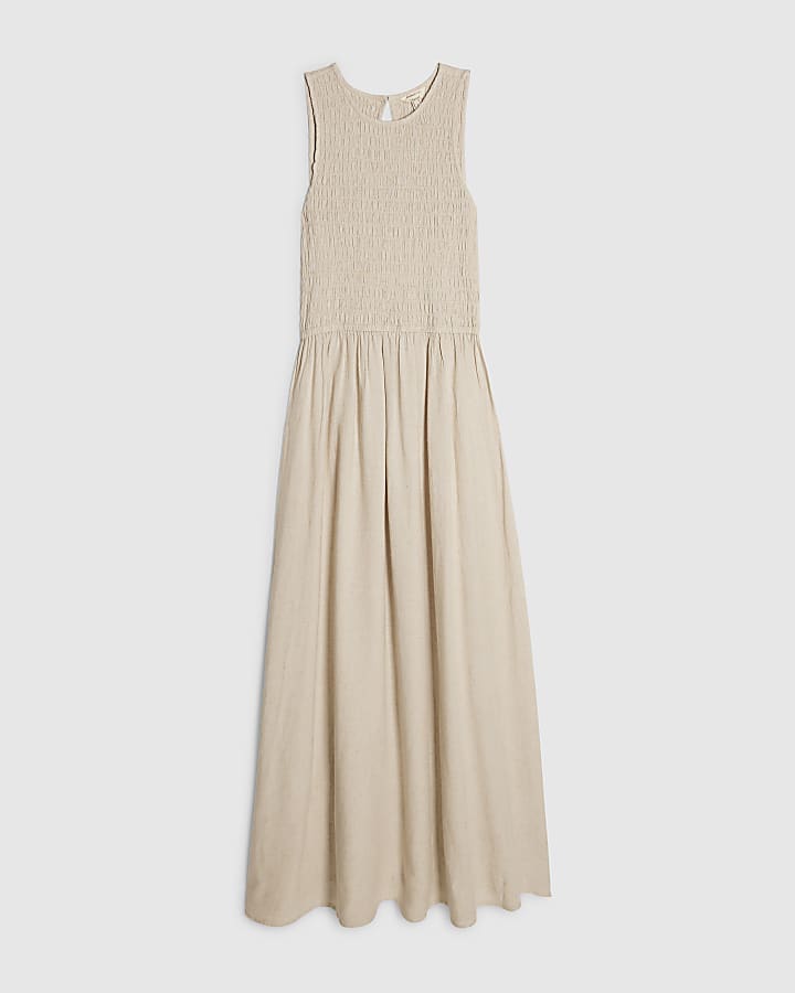 Beige Linen Blend Shirred Midi Dress