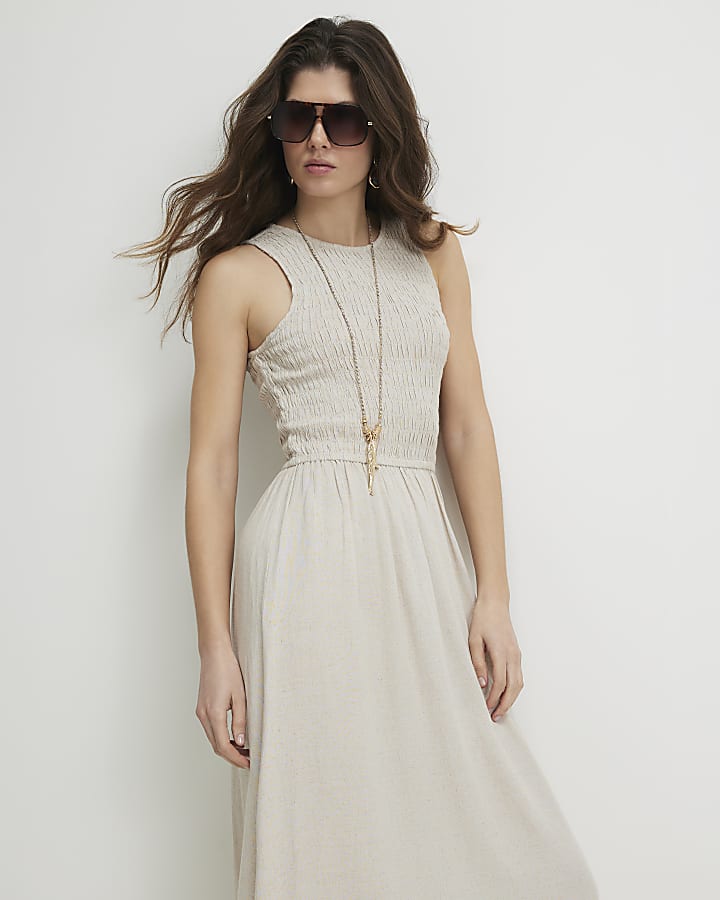 Beige Linen Blend Shirred Midi Dress