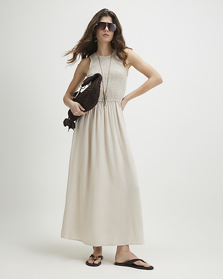 Beige Linen Blend Shirred Midi Dress