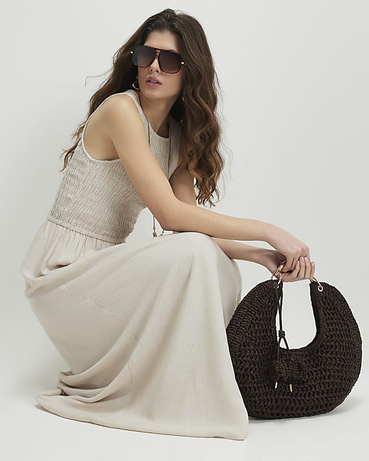 Beige Linen Blend Shirred Midi Dress