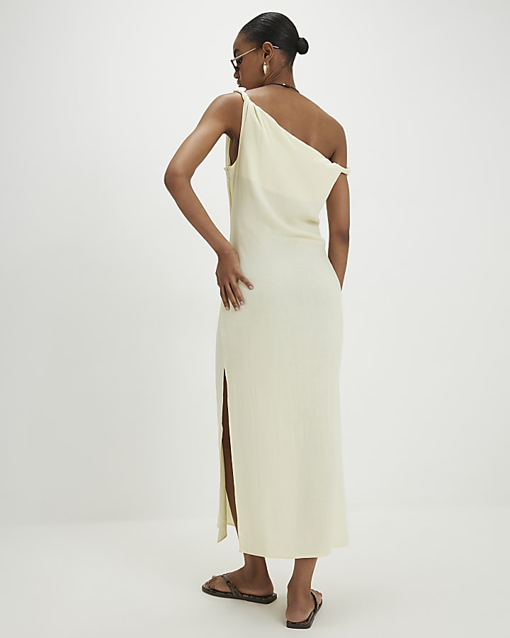 Yellow Linen Blend Asymmetric Midi Dress