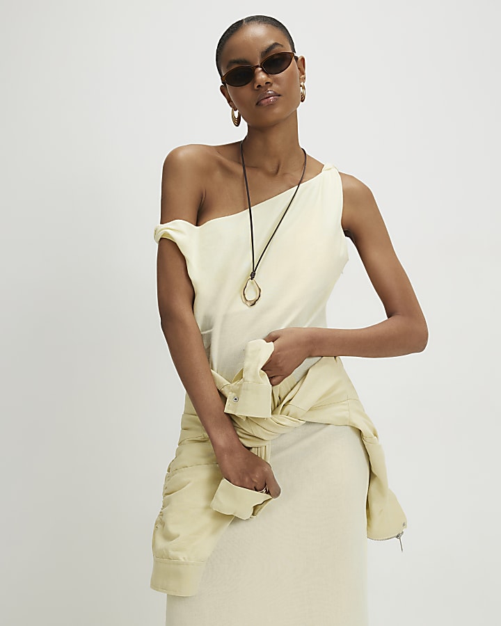 Yellow Linen Blend Asymmetric Midi Dress