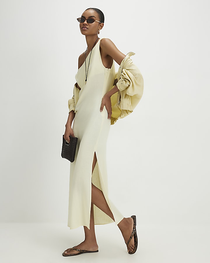 Yellow Linen Blend Asymmetric Midi Dress