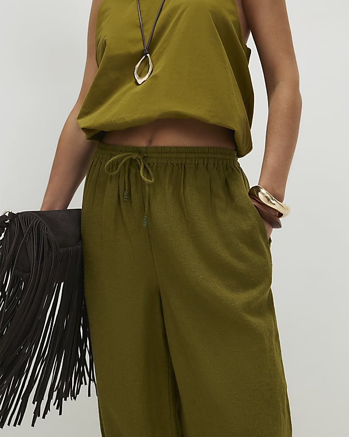 Petite Khaki Linen Blend Trousers