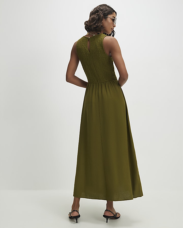 Khaki Linen Blend Shirred Midi Dress