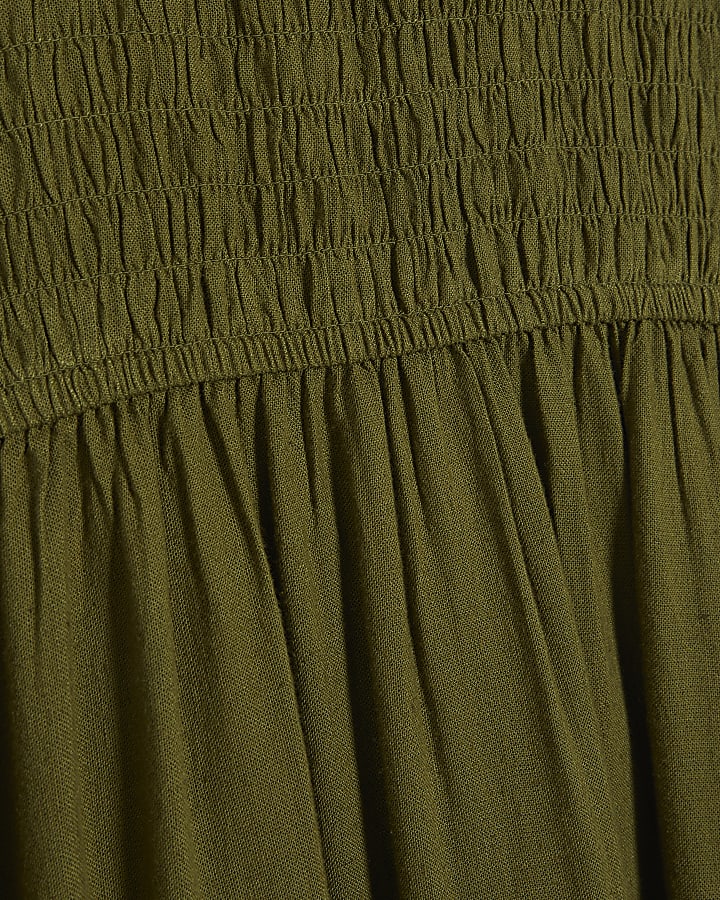 Khaki Linen Blend Shirred Midi Dress