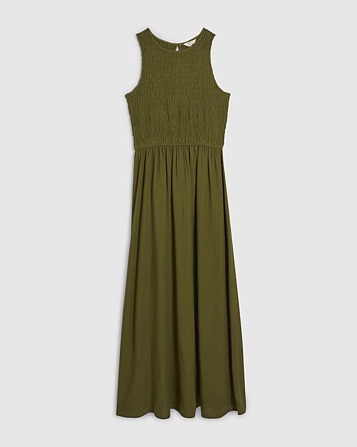 Khaki Linen Blend Shirred Midi Dress