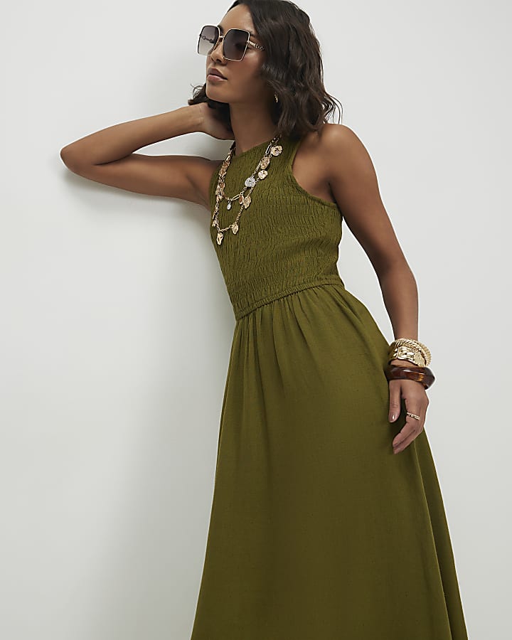 Khaki Linen Blend Shirred Midi Dress