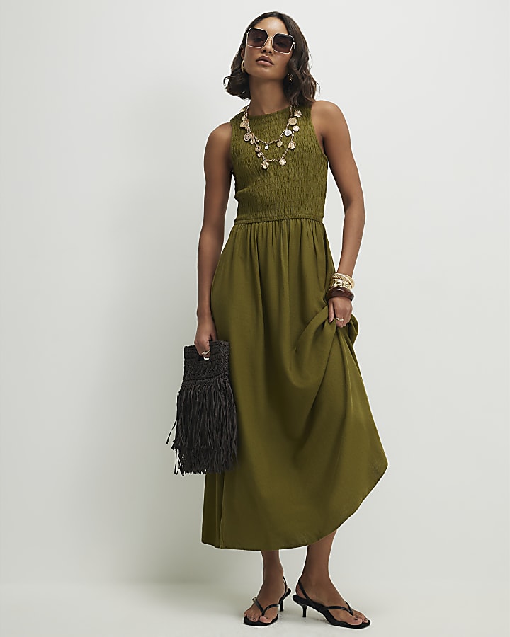 Khaki Linen Blend Shirred Midi Dress