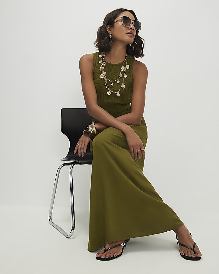 Khaki Linen Blend Shirred Midi Dress