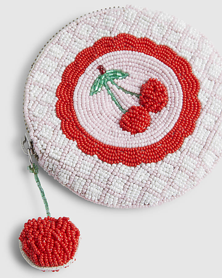 Pink Beaded Cherry Circle Purse