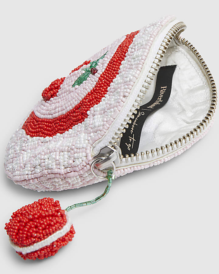 Pink Beaded Cherry Circle Purse