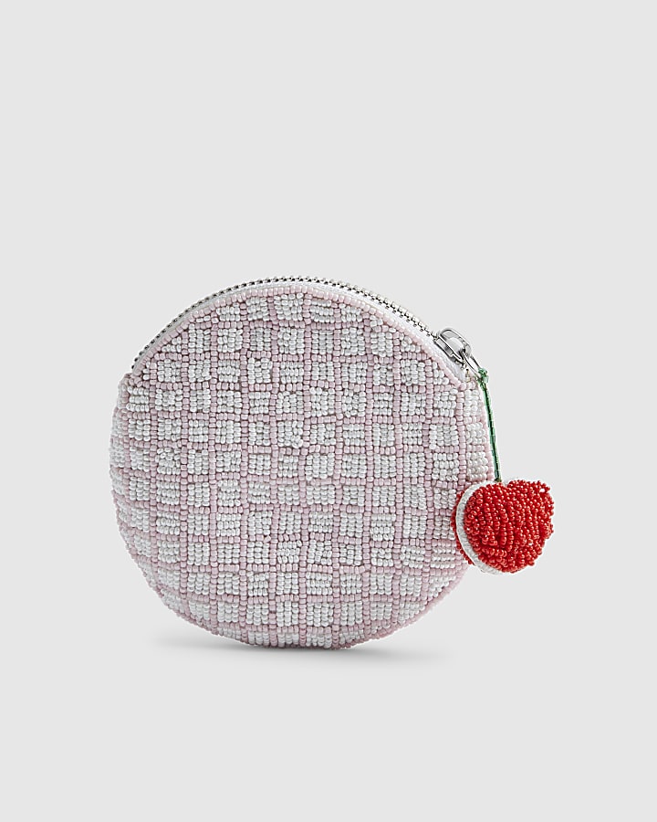 Pink Beaded Cherry Circle Purse