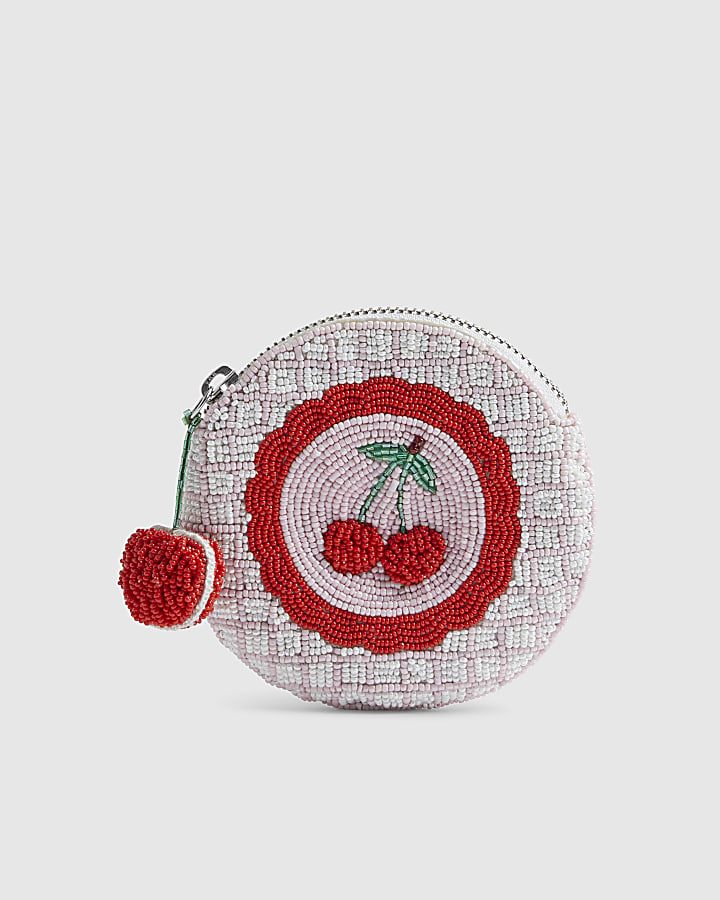 Pink Beaded Cherry Circle Purse