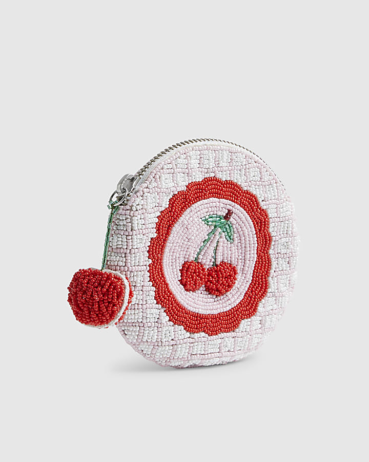 Pink Beaded Cherry Circle Purse