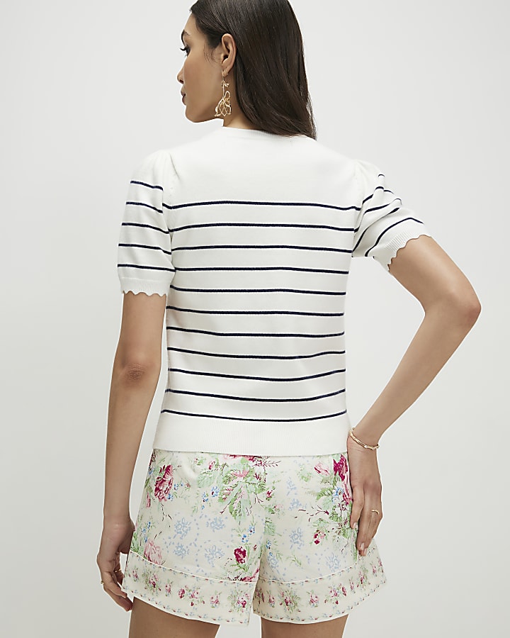 White Stripe Floral Embroidered Knit T-Shirt