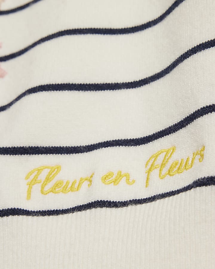 White Stripe Floral Embroidered Knit T-Shirt