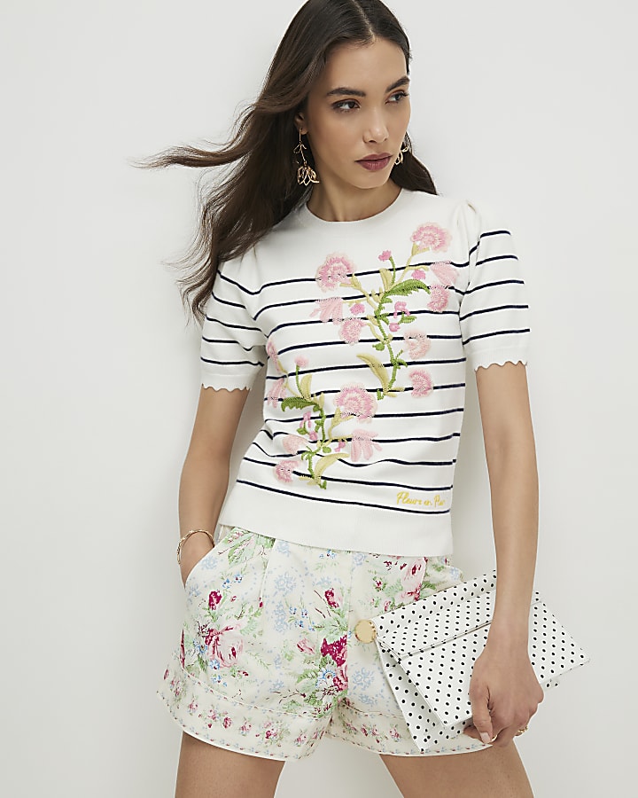 White Stripe Floral Embroidered Knit T-Shirt