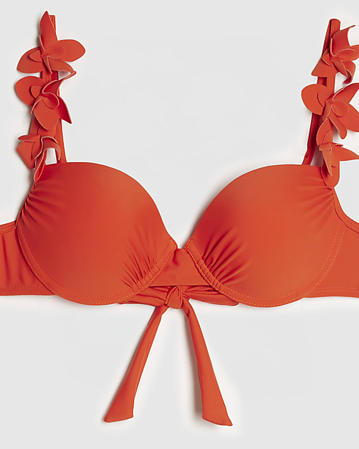 Red Structured Flower Trim Bikini Top