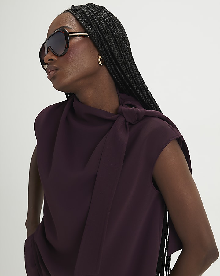 Purple Asymmetric Tie Neck Top