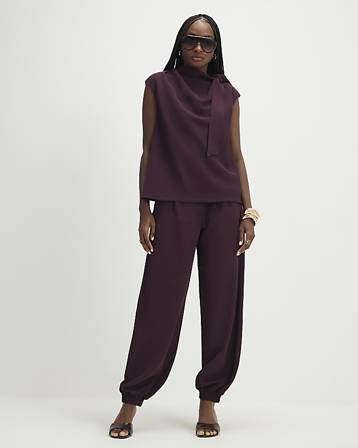 Purple Asymmetric Tie Neck Top